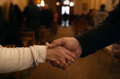 Warm Church Welcome Handshake in Sanctuary