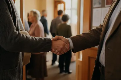 Warm Church Welcome Handshake in Foyer