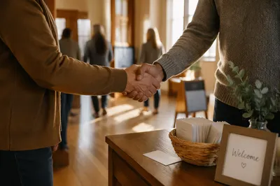 Warm Church Welcome Handshake in Foyer