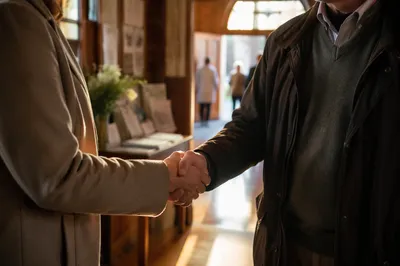 Warm Church Welcome Handshake in Chapel Foyer