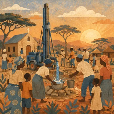 Church Well Drilling at Sunrise in Africa