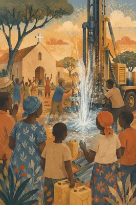 African Church Well Drilling Hopeful Water Scene