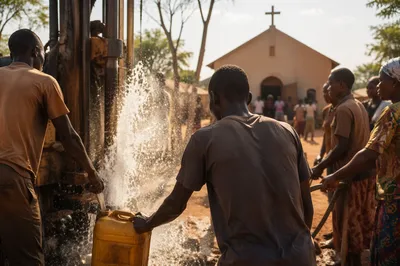 African Church Well Drilling Hopeful Water Scene