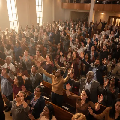 Overhead View of Worshiping Church Congregation