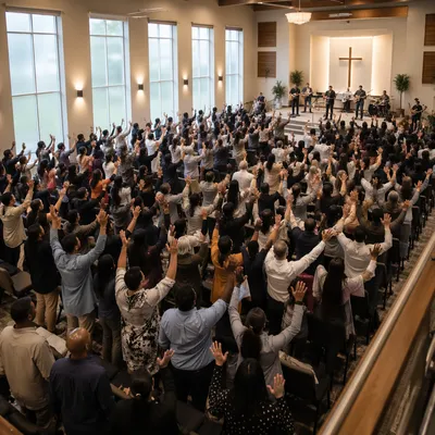 Aerial View of Worshipping Church Congregation