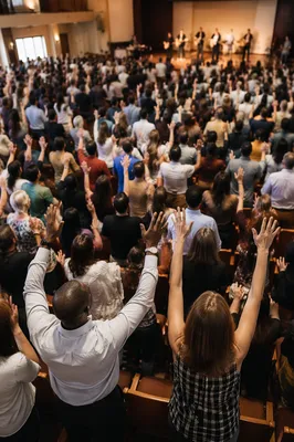 Aerial View of Worshipping Church Congregation