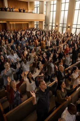 Aerial View of Worshiping Church Congregation