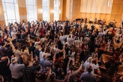 Aerial View of Worshipping Church Congregation