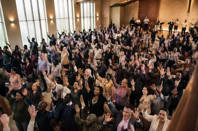 Aerial View of Worshiping Church Congregation