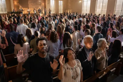 Congregation Worshiping in Bright Church Sanctuary