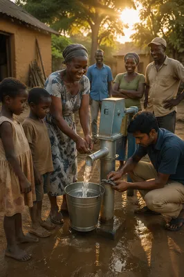 Villagers and Volunteers at New Water Well