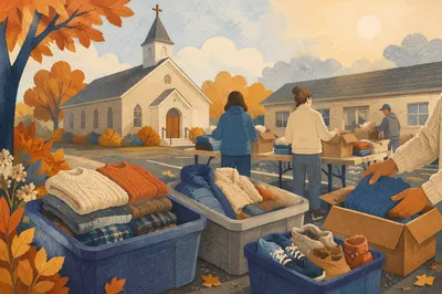Church Clothing Donation Drive in Autumn Morning