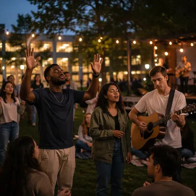 Students Worshipping on Campus at Dusk