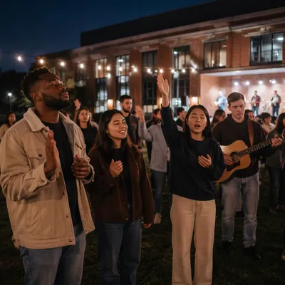 Students Worshipping on Campus at Twilight