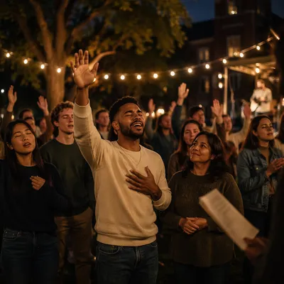 Students Worshiping on Campus at Night