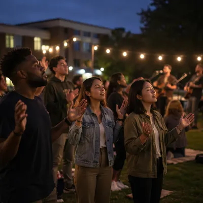 College Students Worshiping on Campus at Dusk