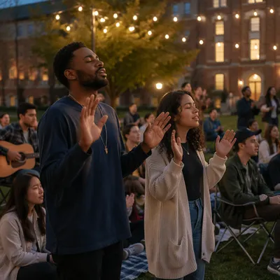 Students Gathering on Campus at Dusk