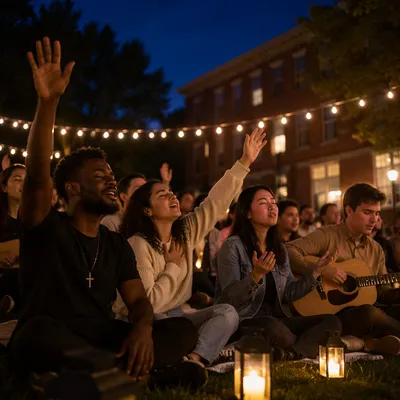 College Students Singing Outdoors at Dusk