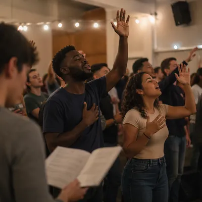 College Students Singing in Evening Hall
