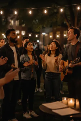 Students Singing Outdoors Under String Lights