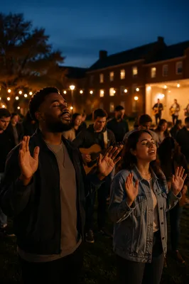 Students Worshipping on Campus at Dusk