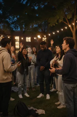 College Students Worshiping on Campus at Twilight