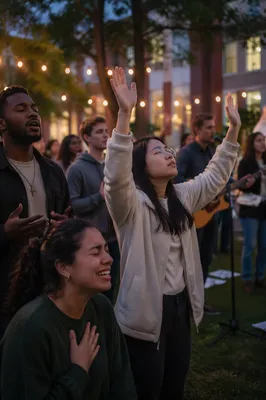 College Students Worshipping on Campus at Dusk
