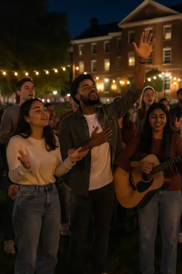 College Students Worshipping on Campus at Dusk
