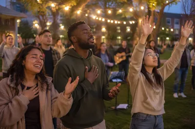 College Students Worshipping on Evening Campus Lawn