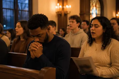College Students Praying in Campus Chapel