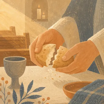 Hands Breaking Communion Bread in Chapel