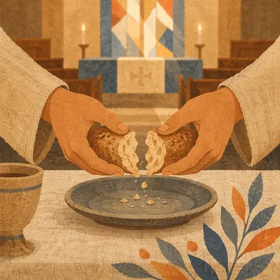 Hands Breaking Communion Bread in Chapel