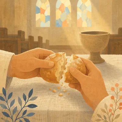 Hands Breaking Communion Bread in Church