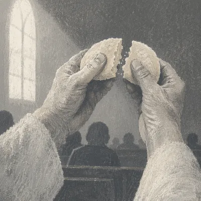 Reverent Hands Breaking Communion Bread Close-Up