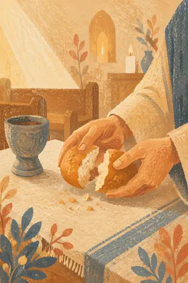 Hands Breaking Communion Bread in Chapel