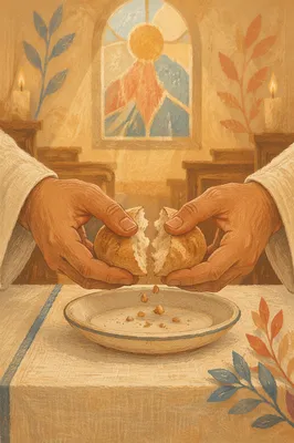 Hands Breaking Communion Bread in Chapel
