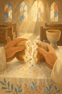 Hands Breaking Communion Bread in Soft Light