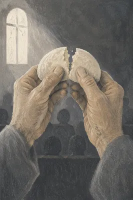 Reverent Hands Breaking Communion Bread
