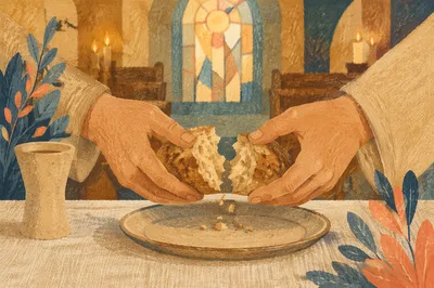 Hands Breaking Communion Bread in Chapel