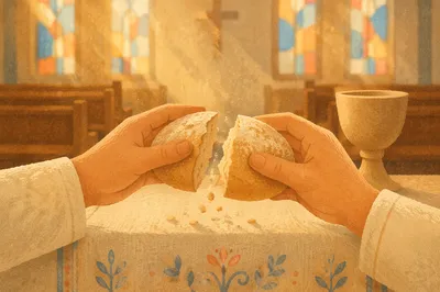 Hands Breaking Communion Bread in Morning Light