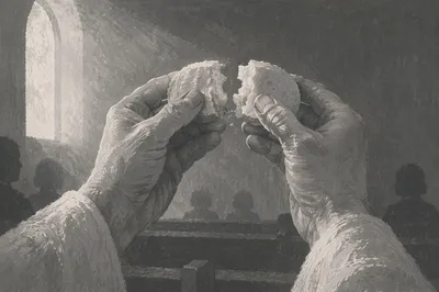 Reverent Hands Breaking Communion Bread