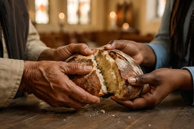 Hands Breaking Communion Bread Close Up