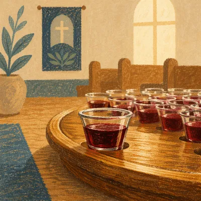 Individual Communion Cups on Wooden Tray