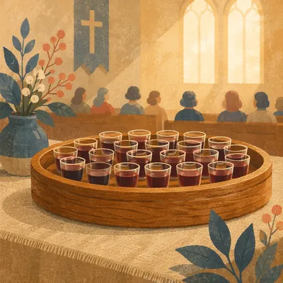 Individual Communion Cups on Wooden Tray