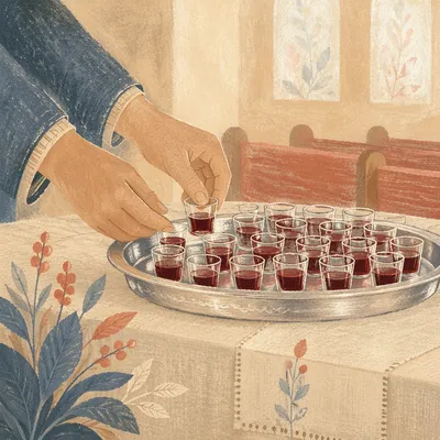 Communion Cups on Silver Tray in Sanctuary