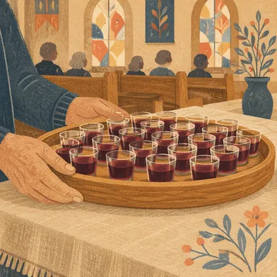 Communion Tray with Individual Glasses in Church