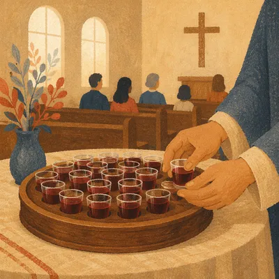 Individual Communion Cups on Wooden Tray