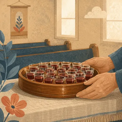 Communion Tray with Small Glasses in Chapel
