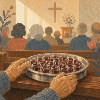 Communion Tray with Elderly Hands in Chapel