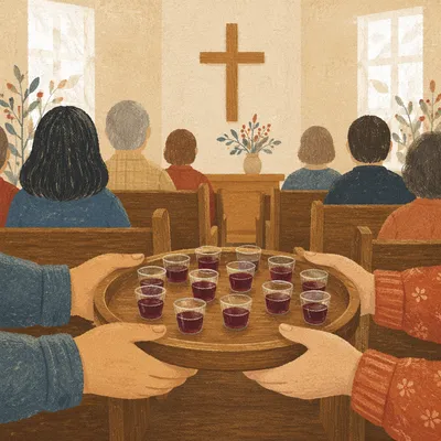 Communion Tray Passed Through Chapel Pews
